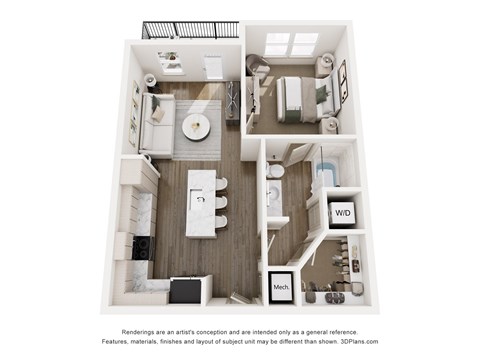 Floor plan for 1 bed, 1 bath, 686 sqft